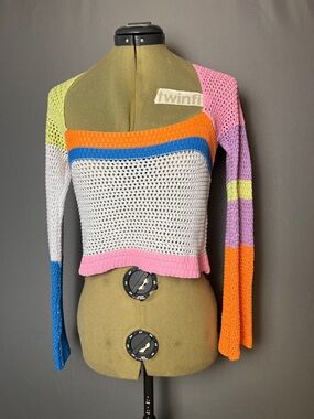 Source Unknown Multicolor Crochet Off-the-Shoulder Sweater